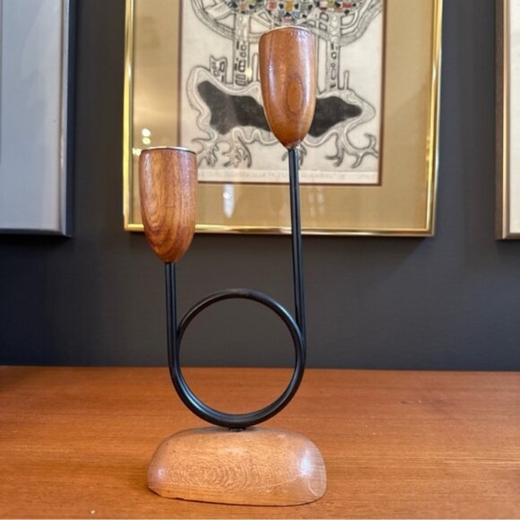 Giftcraft Vintage Teak and Iron Candle Holders 9H - Picture 1 of 10
